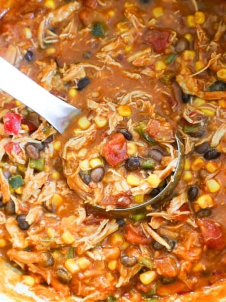 overhead shot of tortilla soup in pot