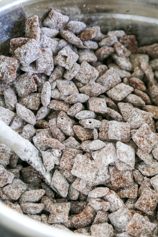the muddy buddies in a bowl.