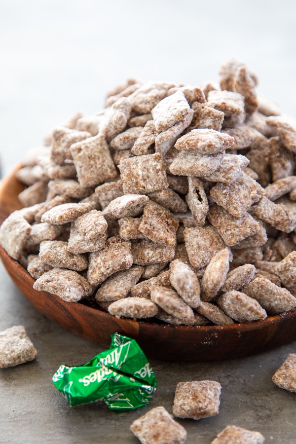 a bowl of chocolate mint puppy chow.