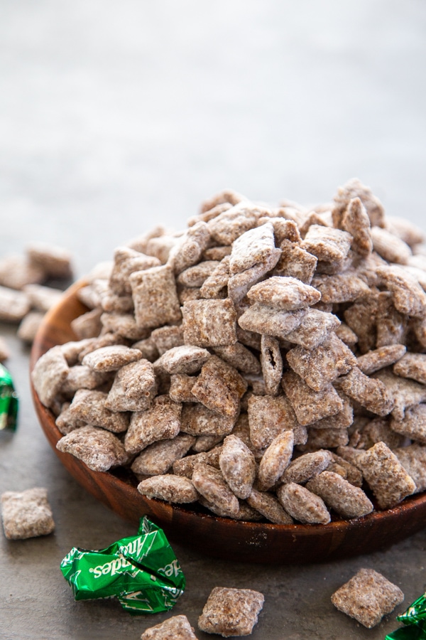 A bowl of Andes mint muddy buddies.