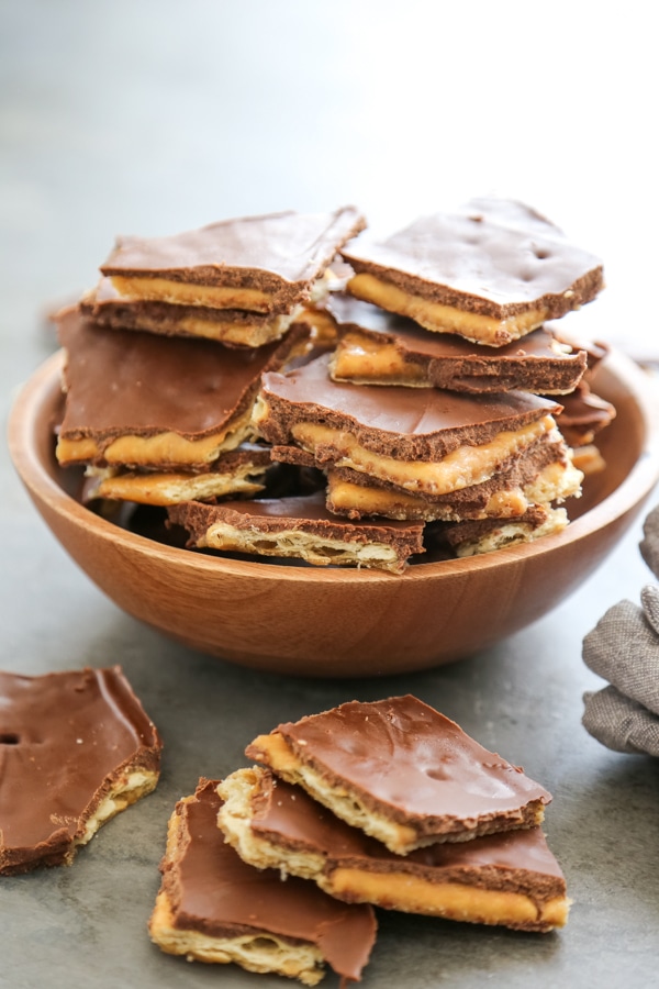 a bowl full of toffee bark.