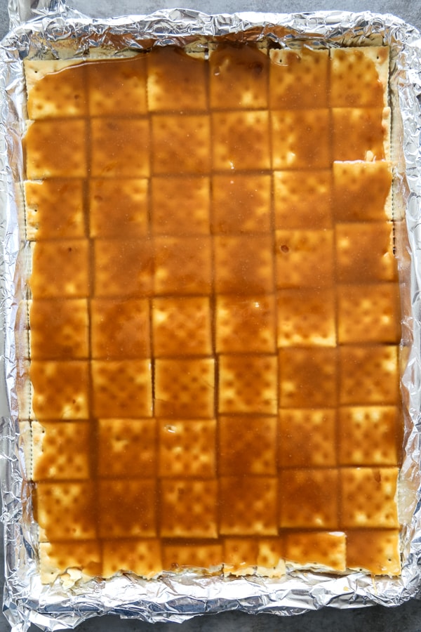 overhead shot of the crackers topped with toffee.