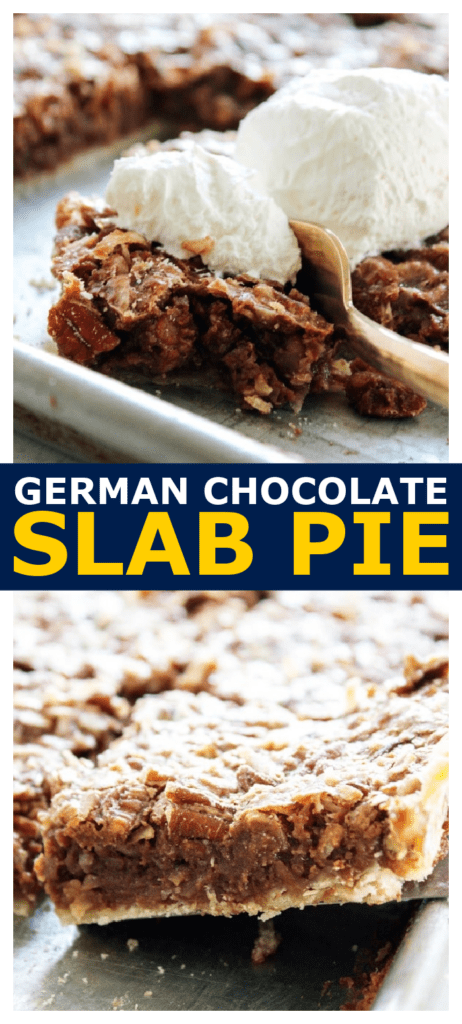 german chocolate pie piece with with and topped with whipped cream