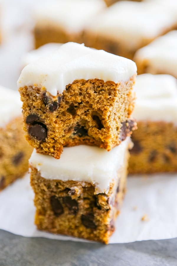 a stack of two Pumpkin Chocolate Chip Cookie Bars.