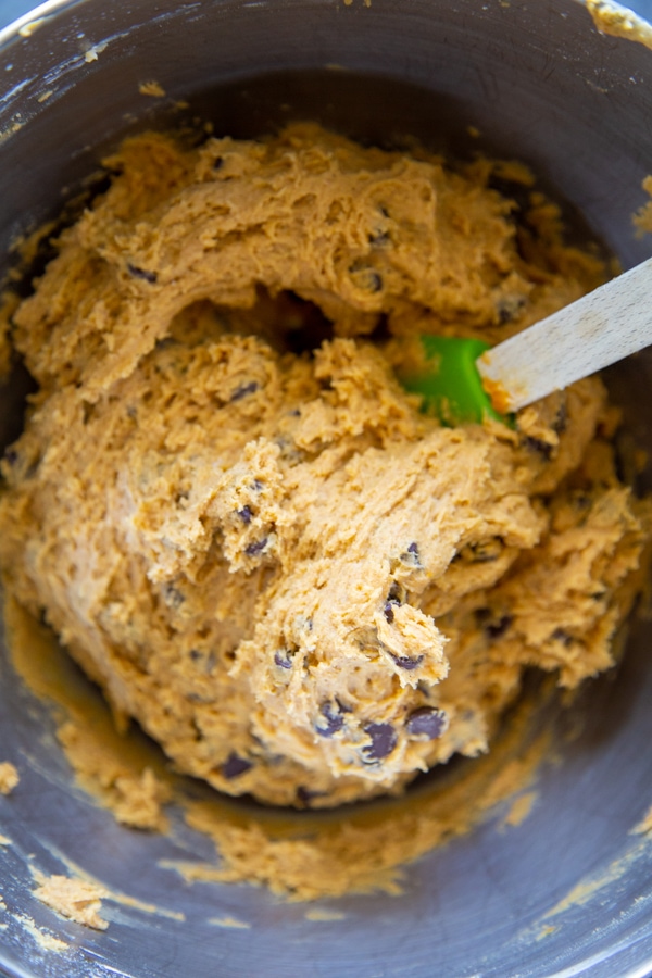 the cookie dough in a mixing bowl.