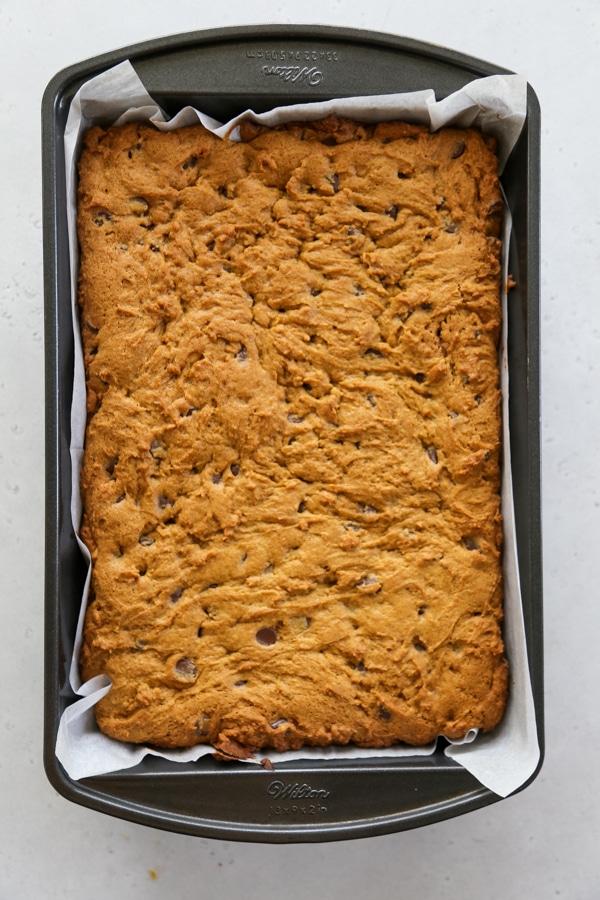 the baked bars in a baking pan.