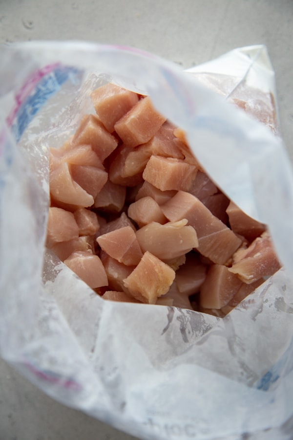 the cubed chicken in a bag.