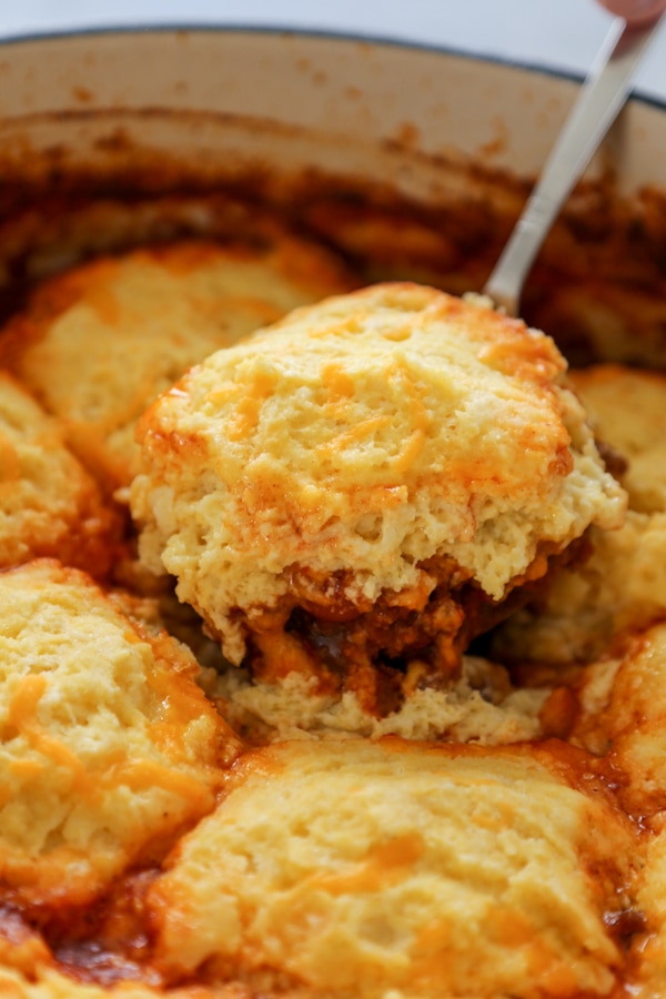 biscuit in chili in baking pan