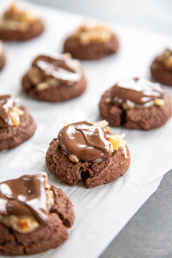 cookies topped with melted chocolate.