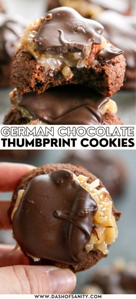 collage image of german chocolate thumbprint cookies with recipe title