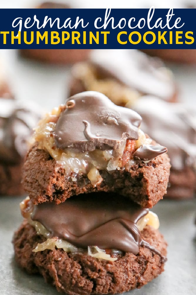 These Mini German Chocolate Thumbprint Cookies are fudgey-brownie like cookies topped with a chocolate drizzle, toasted coconut, and chopped pecans. chocolate thumbprints pinterest collage.