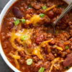 overhead shot of a bowl of blue ribbon chili.