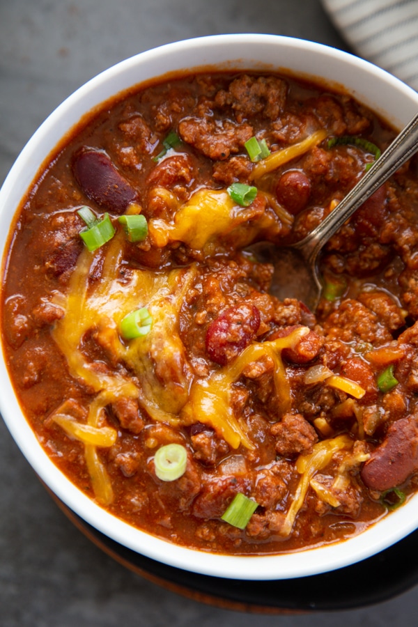 overhead shot of a bowl of blue ribbon chili.