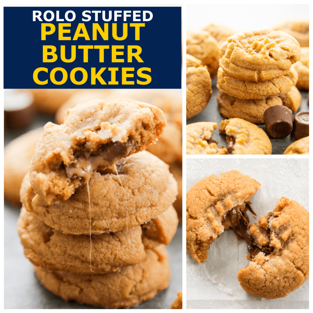 Rolo Stuffed Peanut Butter Cookies are soft and chewy peanut butter cookies with a delicious, melt in your mouth chocolate & caramel center. peanut butter rolo cookies pinterest collage.
