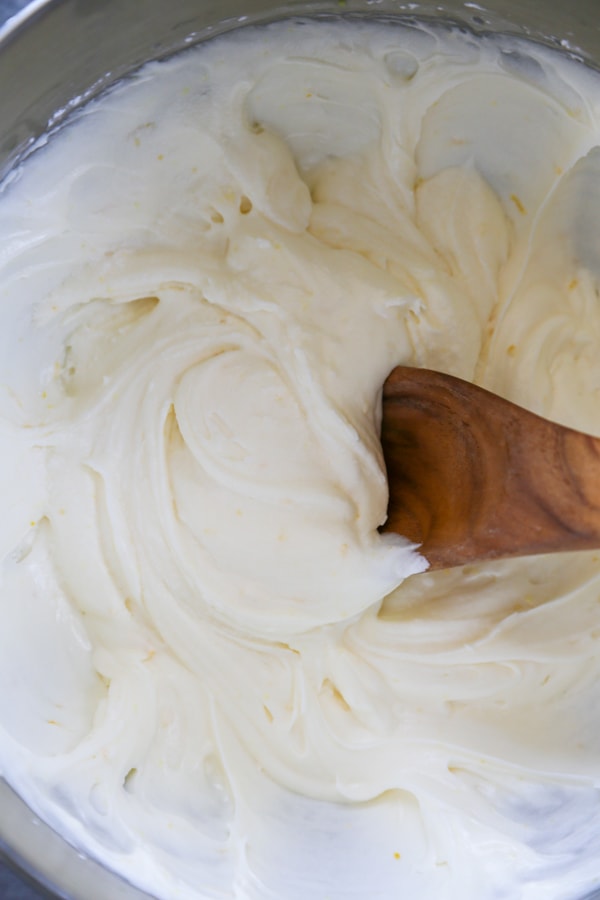 the cream cheese frosting in a bowl.