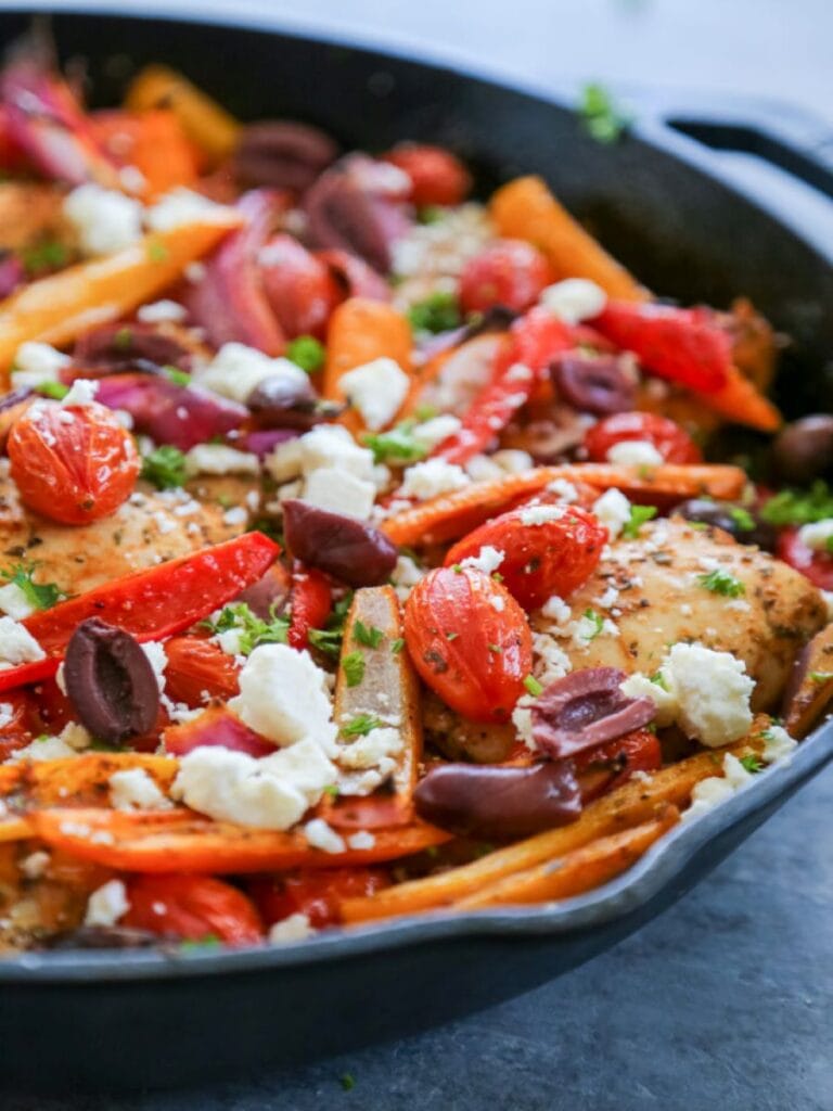 chicken and veggies in a skillet