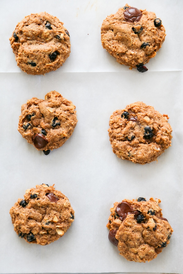 overhead shot of the baked cookies on parchment paper.