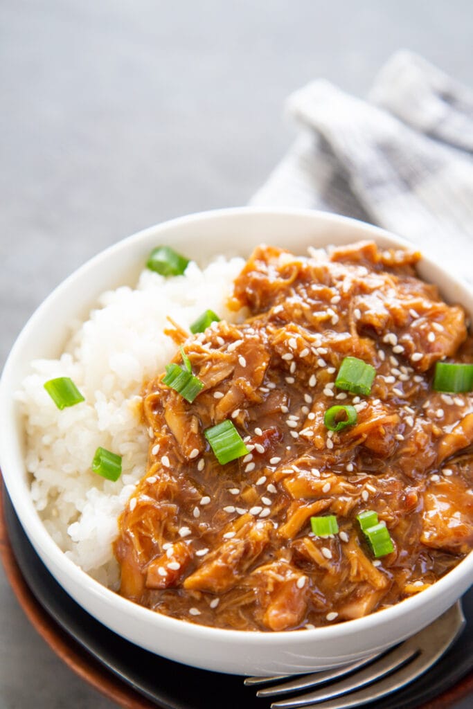 A bowl of slow cooker chicken teriyaki.