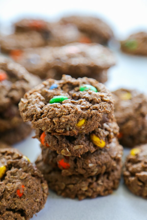close-up shot of chocolate monster cookies.
