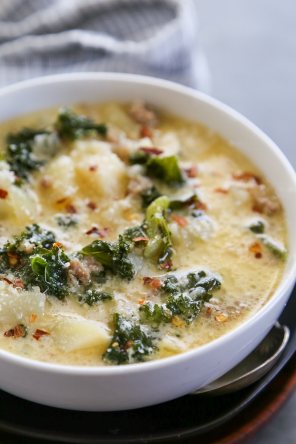 soup in a white bowl.