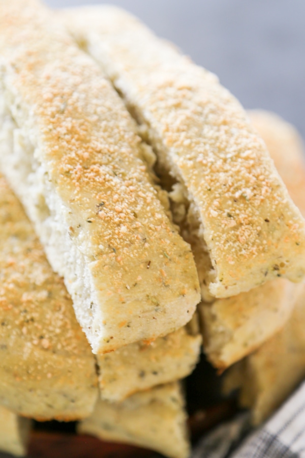 close up shot of two breadsticks.