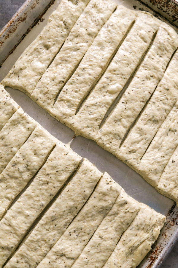 the dough cut into breadsticks.