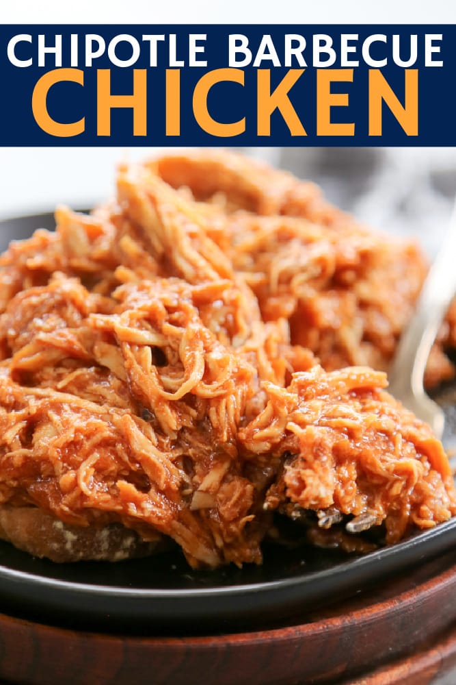 This Slow Cooker Chipotle Barbecue Chicken is a family favorite. The smoky heat from the chipotle and the sweetness from the BBQ sauce makes a great combo. slow cooker BBQ chicken social media graphic.