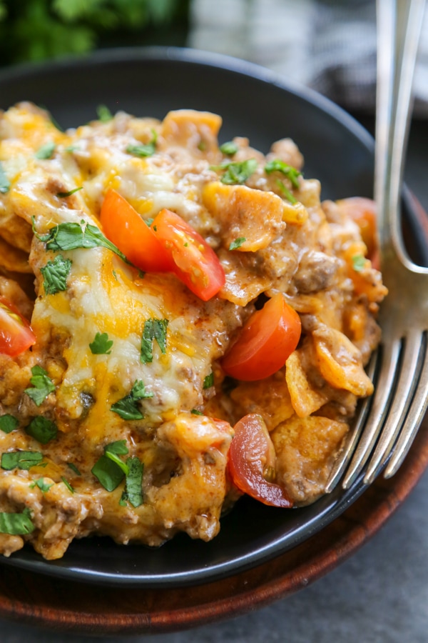 overhead shot of a serving of casserole.
