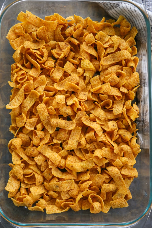 the fritos spread in the pan.