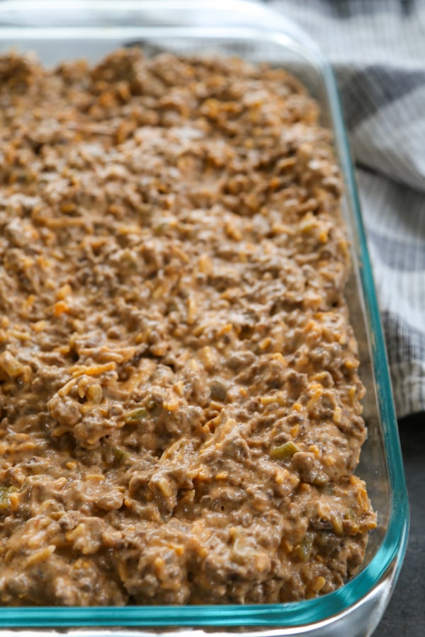 the beef filling spread in the pan.
