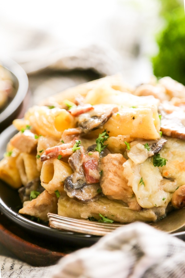 a plate of chicken marsala casserole.
