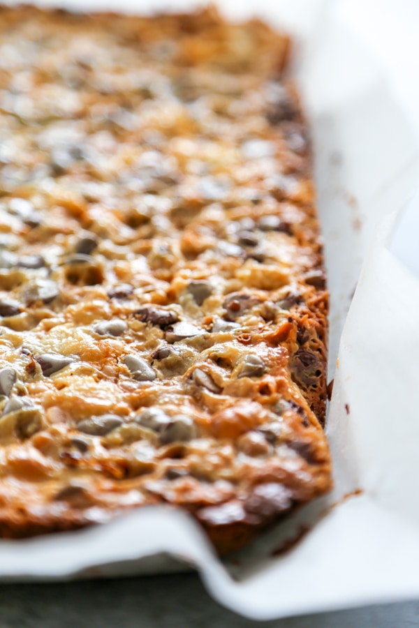 the baked bars in a baking dish.