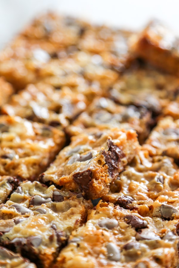 close-up of a pan of sliced bars.