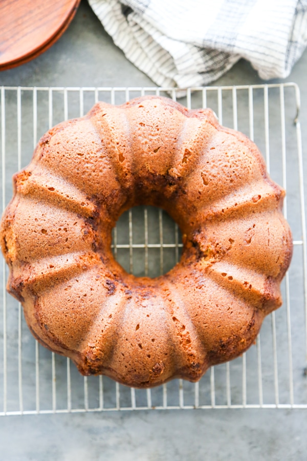 overhead shot of baked cake bundt pan