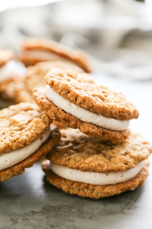 three oatmeal sandwich cookies.