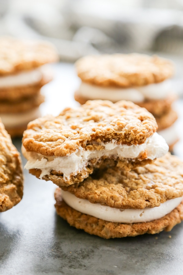 a sandwich cookie with a bite taken out of it.
