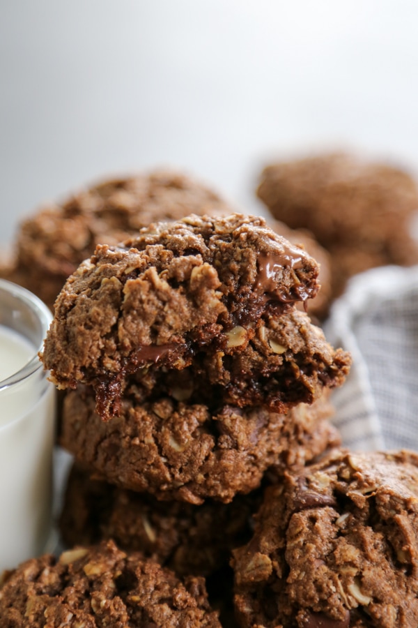 a stack of cookies chocolate monster cookies with Reese's