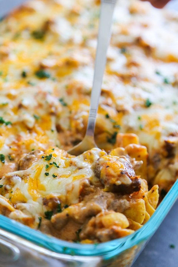 close-up shot of the steak bake in a baking dish.