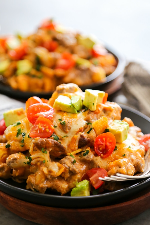 steak enchilada bake on a plate.