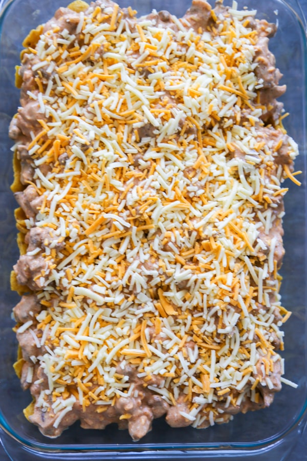 cheese sprinkled over the top of the casserole.