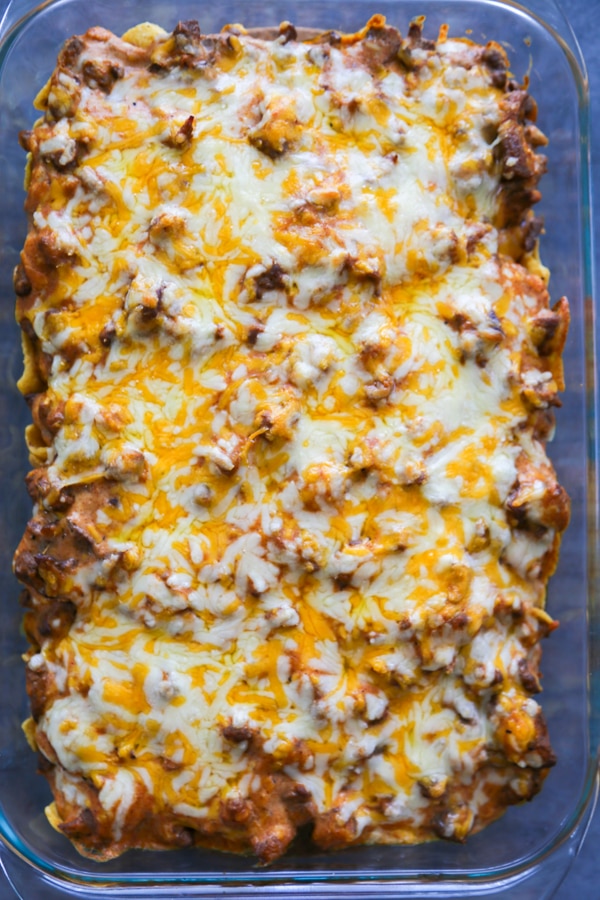 overhead shot of the finished steak enchilada bake.