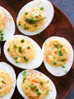 overhead shot of deviled eggs.