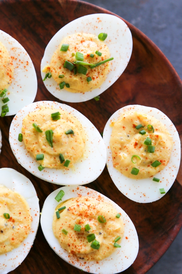 overhead shot of deviled eggs.