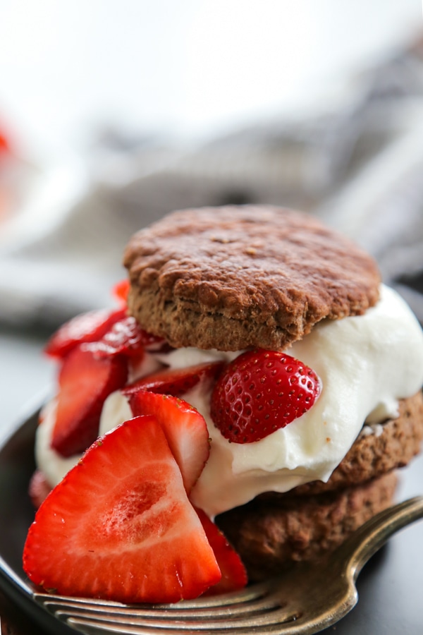 chocolate strawberry shortcake on a plate.