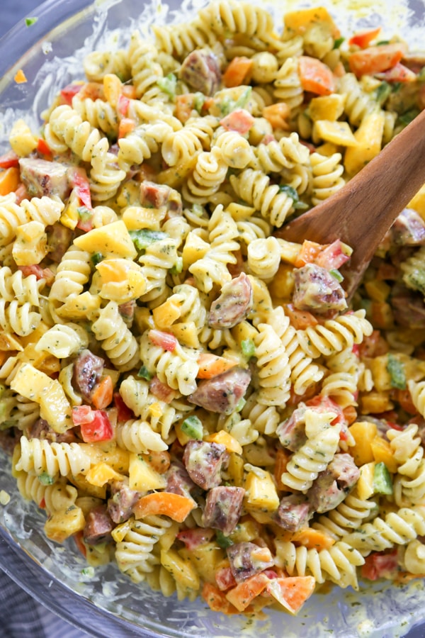 the pasta salad ingredients combined in a bowl