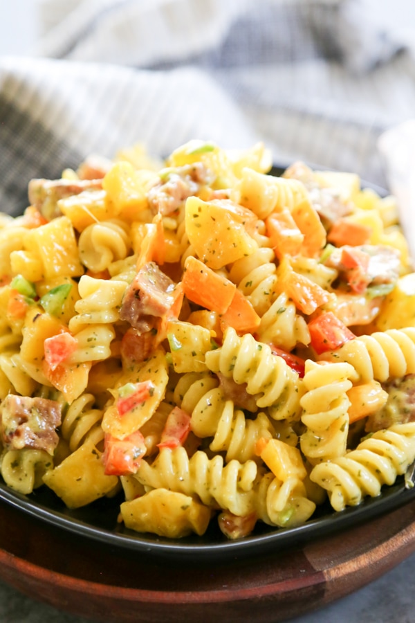 close-up shot of mango pasta salad on a plate