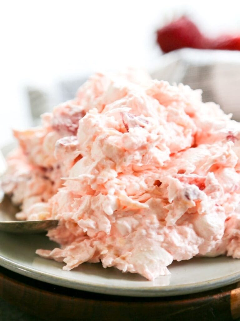 close up shot of strawberry fluff salad