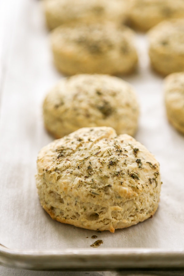 a baked biscuit on a baking sheet.