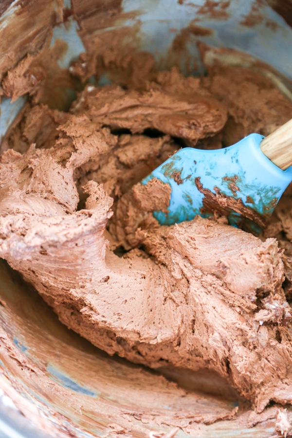 the chocolate cheesecake filling being mixed.