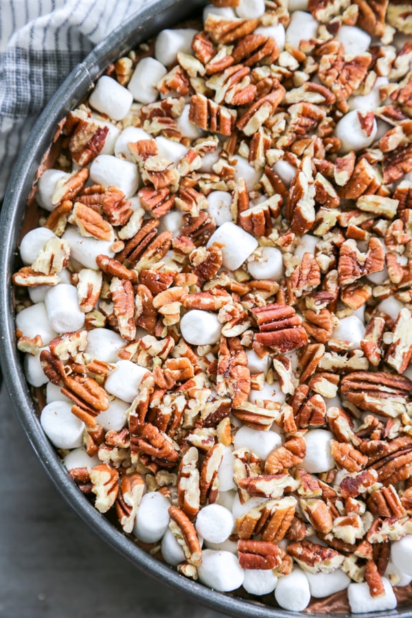the pecans and marshmallows added to the cheesecake.